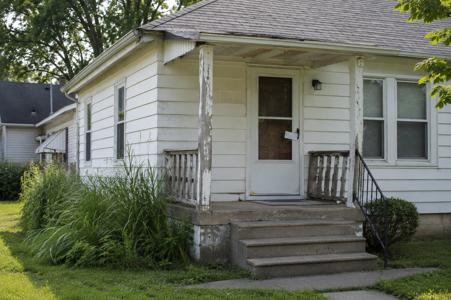 House With Code Issues in Springfield, Missouri Older Springfield house with peeling porch paint, a damaged railing and tall grass