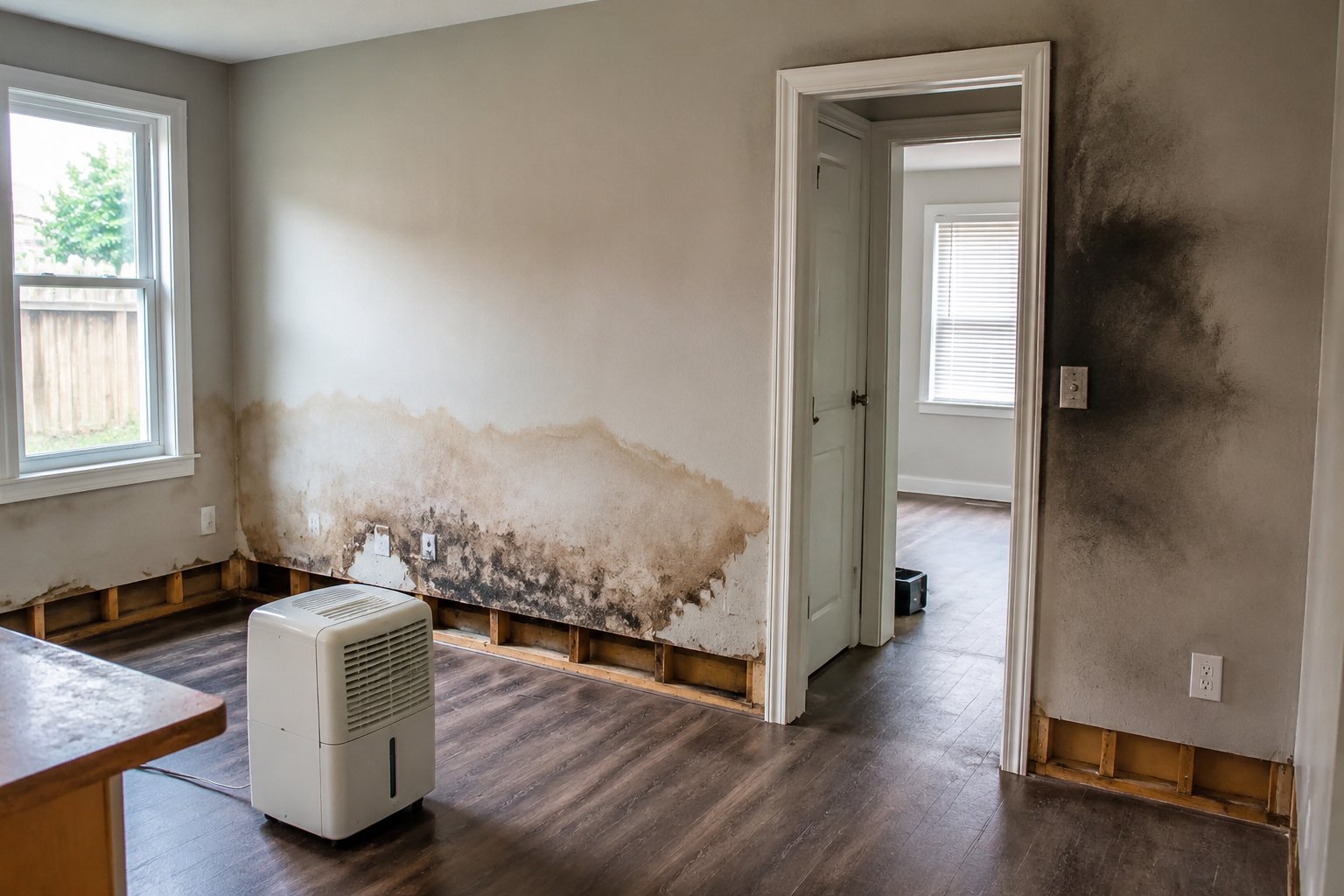 Fire- and Water-Damaged House in Springfield, Missouri House interior with water damage, smoke staining, removed baseboard and a dehumidifier