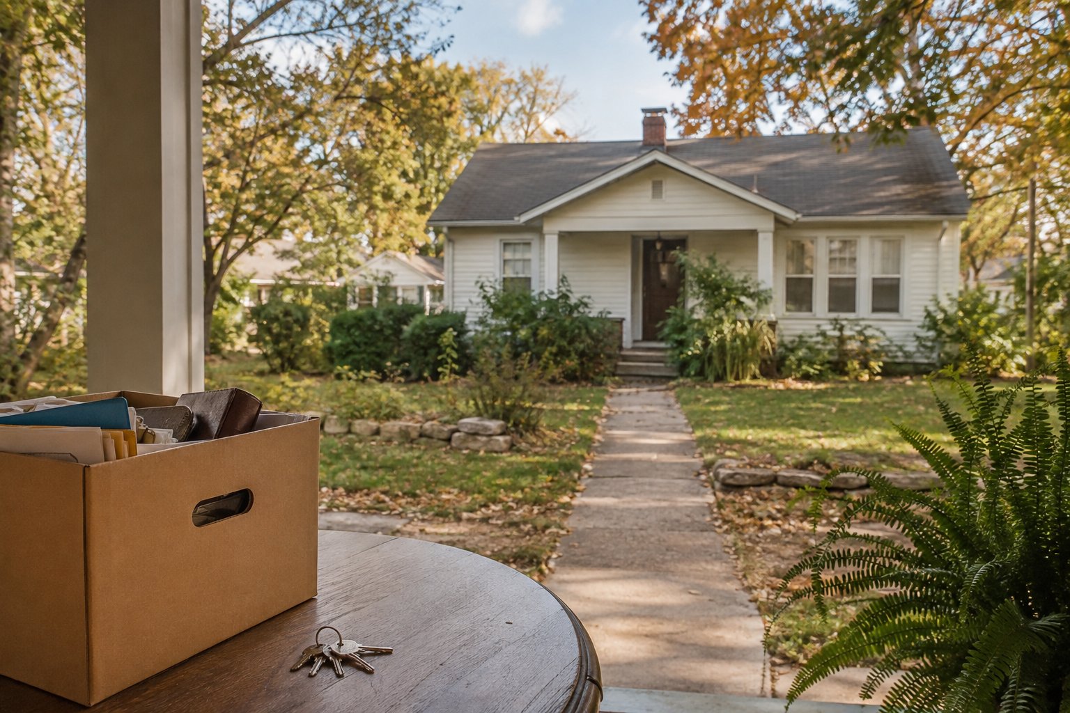 Inherited House in Springfield, Missouri Older Springfield house with estate files and keys on a porch table